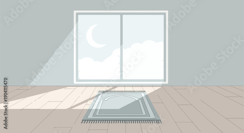Vector illustration of a prayer rug on wooden floor in front of a window with moon and clouds at night, minimalist room interior