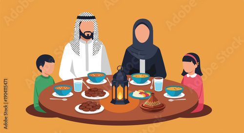 Middle Eastern family breaking fast, Iftar meal with dates, soup, and lantern, Ramadan celebration vector illustration