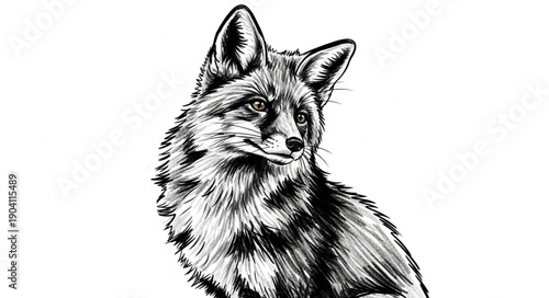 Detailed ink drawing of a wild fox head and shoulders.