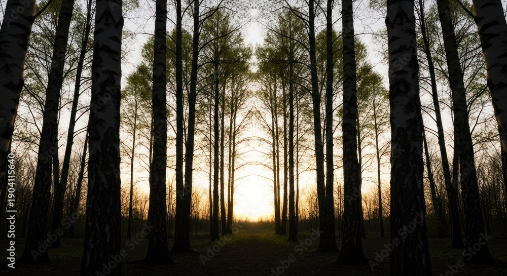 Fototapeta premium Symmetrical forest path leading to sunset, flanked by trees and greenery