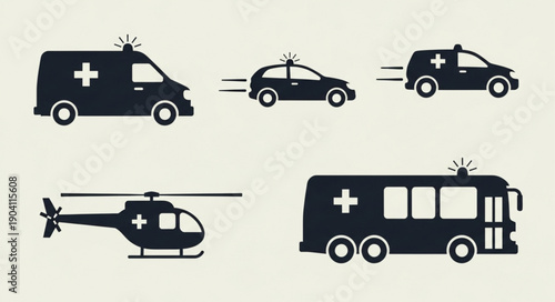 Set of medical emergency vehicles including ambulance car helicopter and bus.