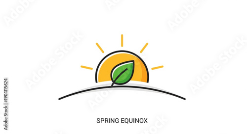 Spring equinox symbol with leaf and sun rising over horizon