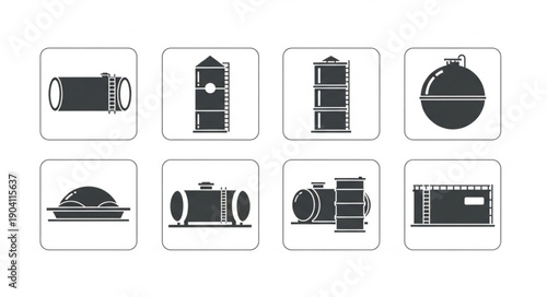 Set of industrial storage tanks and containers icons.
