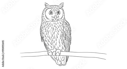 Detailed Line Drawing of an Owl Perched on a Branch.