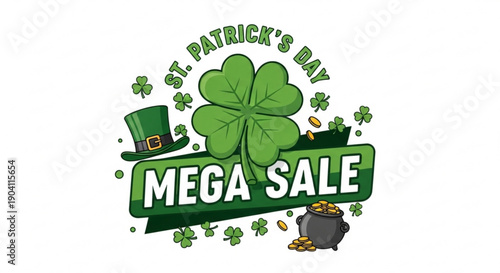 St patrick's day mega sale with shamrock pot of gold and leprechaun hat on green banner