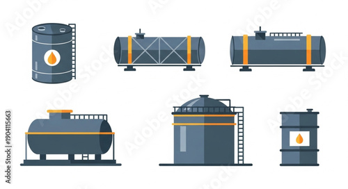 Set of industrial storage tanks and barrels for oil and gas.