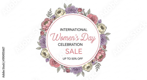 International women's day sale celebration with floral wreath and discount offer