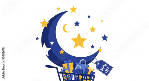 Shopping cart with crescent moon and stars 50 off discount tag nighttime shopping concept