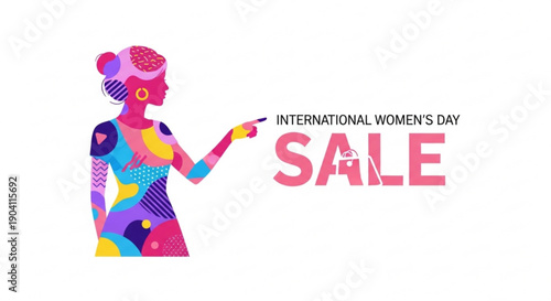 Vibrant woman pointing at international women's day sale sign