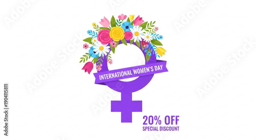International women's day logo with floral wreath and 20 off discount