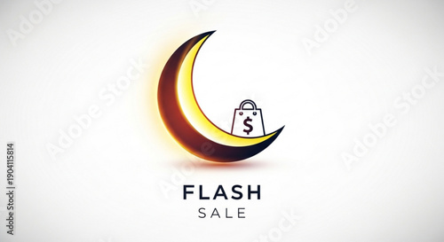 Flash sale crescent moon icon with shopping bag and dollar sign on white background