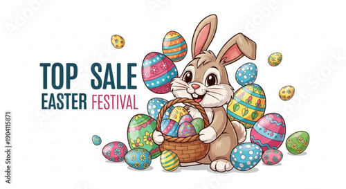 Easter bunny with basket full of colorful eggs on sale for festival