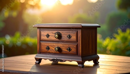 Wallpaper Mural Antique Wooden Jewelry Box with Ornate Details on Table. Torontodigital.ca