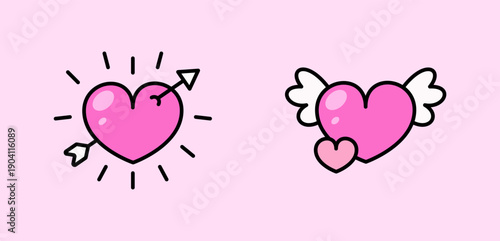 Set of cute pink heart illustrations with arrow and angel wings in cartoon style. ideal for valentine day designs love icons stickers greeting cards and romantic themes.