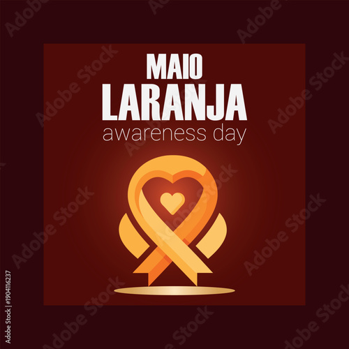 Maio laranja awareness day poster with an orange heart ribbon for child protection awareness.