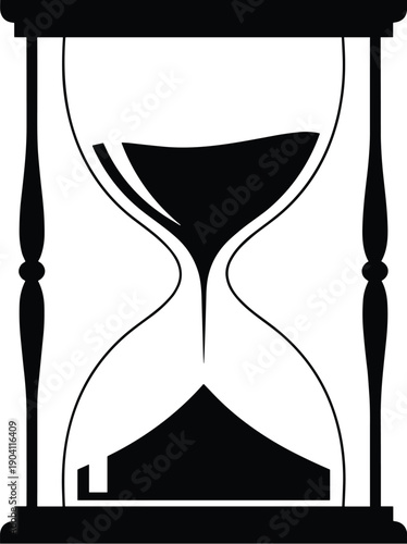 Classic hourglass illustration symbolizing passage of time, sand flowing through narrow neck, black and white stylized decorative frame design
