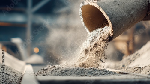 industry close-up of cement powder falling from convey on blurred background