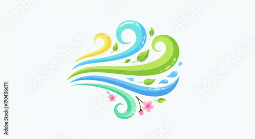 Vibrant swirling waves of blue green and yellow with leaves and flowers on white background symbolizing nature and growth