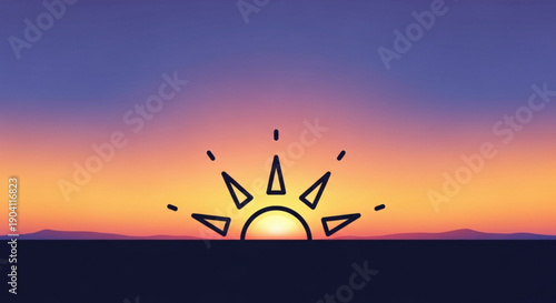 Sunrise landscape with simple sun symbol at dawn purple orange and yellow gradient sky