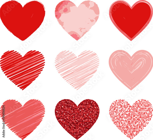 Vibrant heart design. Set of hearts as Valentine's day symbol, set of isolated multilayered vector icons. Transparent background EPS version.