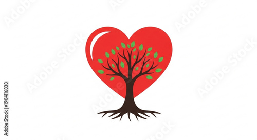 Heart shaped tree symbol with roots and green leaves on red background for love and nature concepts