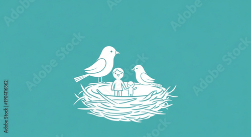 Family of birds sitting in nest with two chicks teal background white illustration symbolizing love care and protection