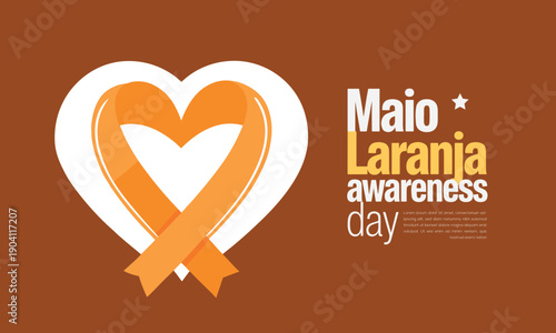 Maio laranja awareness day banner with an orange ribbon shaped like a heart on a brown background.