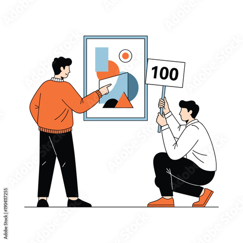Two men discussing a colorful graph and chart presentation