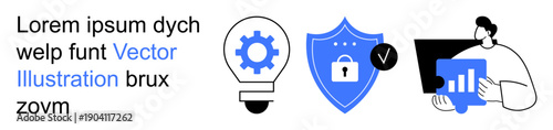Cybersecurity, data protection, innovation, technology, digital marketing, problem-solving. Lightbulb with a gear, shield with a lock person analyzing a chart. Cybersecurity and data protection