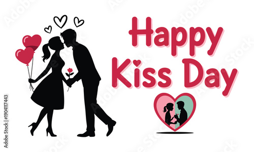 Happy Kiss Day Romantic Couple Silhouette Vector Illustration with Hearts and Balloons