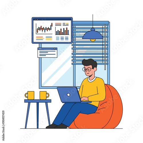 A man sitting on a bean bag chair working on his laptop