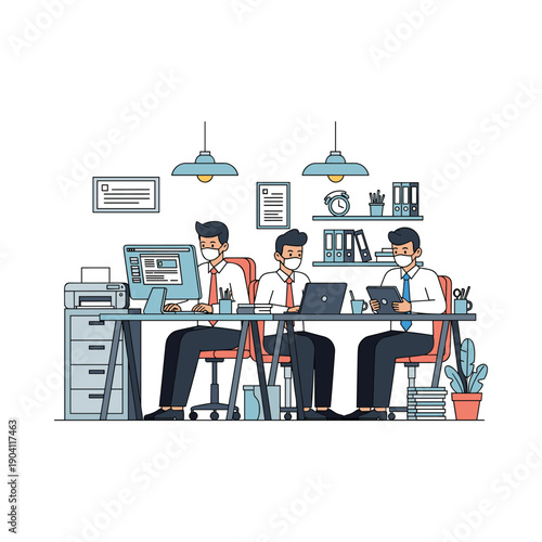 Three colleagues working together at a shared office desk with computers and office supplies
