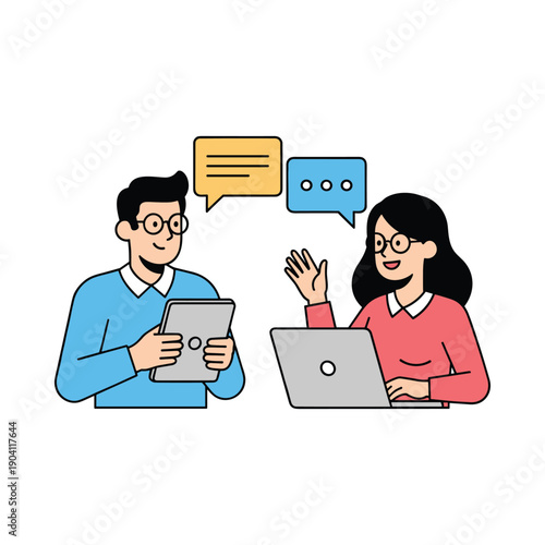 Colleagues discussing a project with speech bubbles