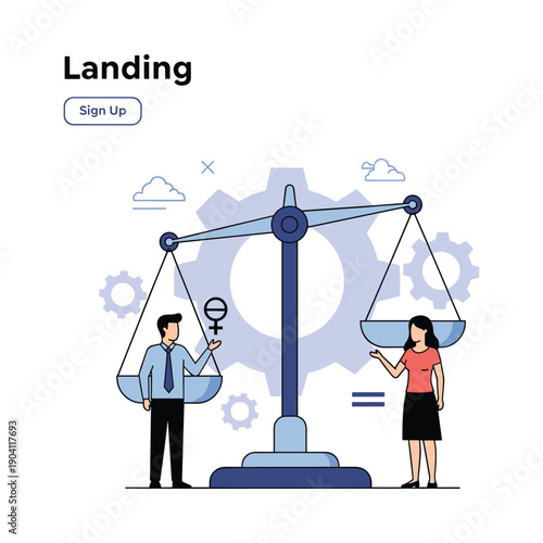 A man and woman standing on either side of a scale with a gear in the background