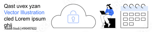 Data security, online access, cloud storage, digital workflow, remote work, productivity. Visual of a cloud with lock, woman using laptop and calendar. Data security and online access concept