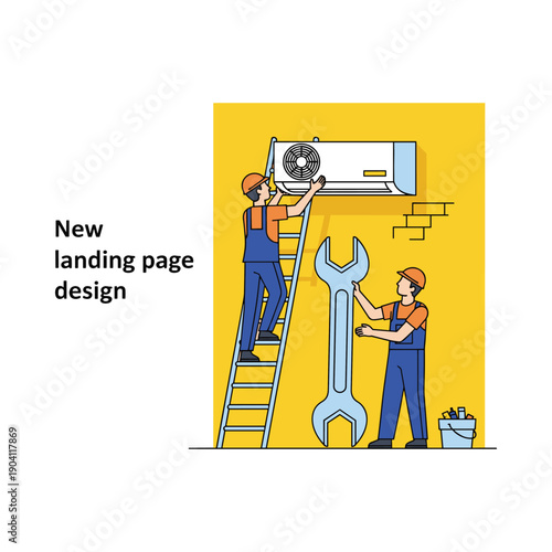 Two workers installing an air conditioning unit