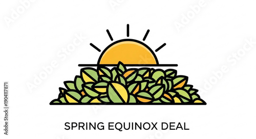 Vibrant spring equinox deal graphic with sunrise and green leaves
