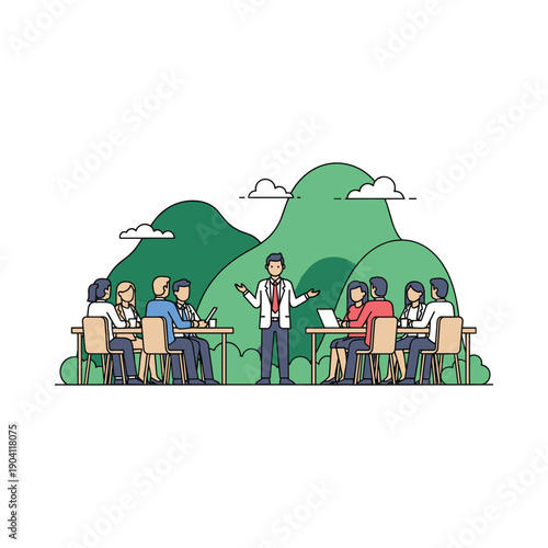 A group of people sitting at desks in an outdoor setting