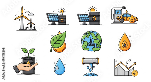 Set of icons representing renewable energy and environmental concepts.