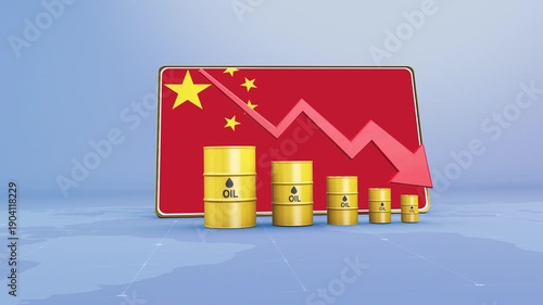 China Oil Revenue and Reserves Decline with Red Arrow Financial Data Graph Economic Crisis Concept
