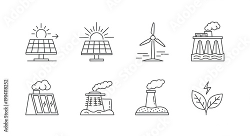 Set of icons representing renewable and non-renewable energy sources.