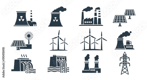 Set of industrial energy production icons including factories and power plants.