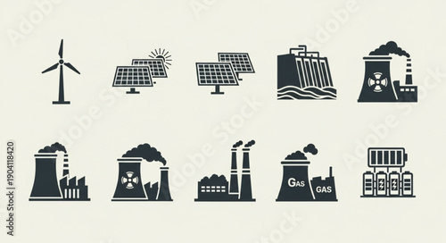 Set of industrial energy production icons including wind turbine solar panels and power plants.