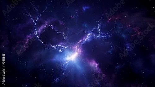 Electric stormy night sky with lightning bolts illuminating dark clouds and stars in space background for dramatic design