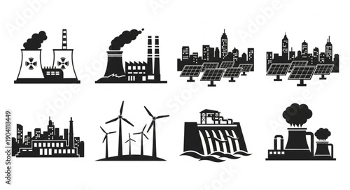 Set of industrial energy production icons and cityscapes.