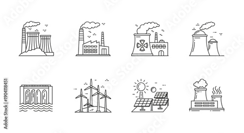 Set of industrial energy production icons in sketch style.