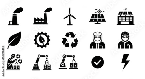 Set of industrial and renewable energy icons.