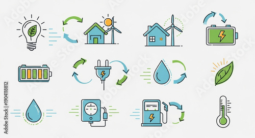 Set of icons representing renewable energy and sustainability concepts.