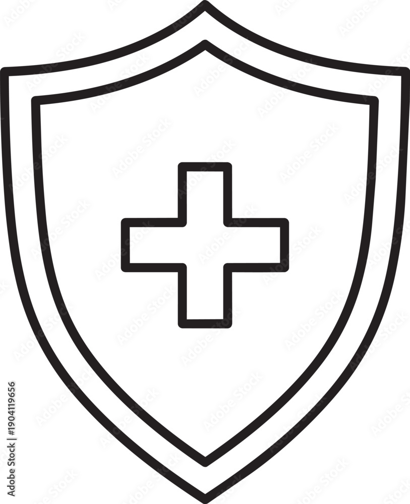 Fototapeta premium Health Protection Icon: A minimalist medical shield, a symbol of defense and well-being, prominently displays a cross, signifying health, safety, and protection. 