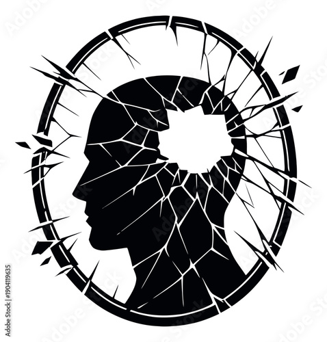 Graphic illustration of human head profile depicting a shattered mind for mental health awareness